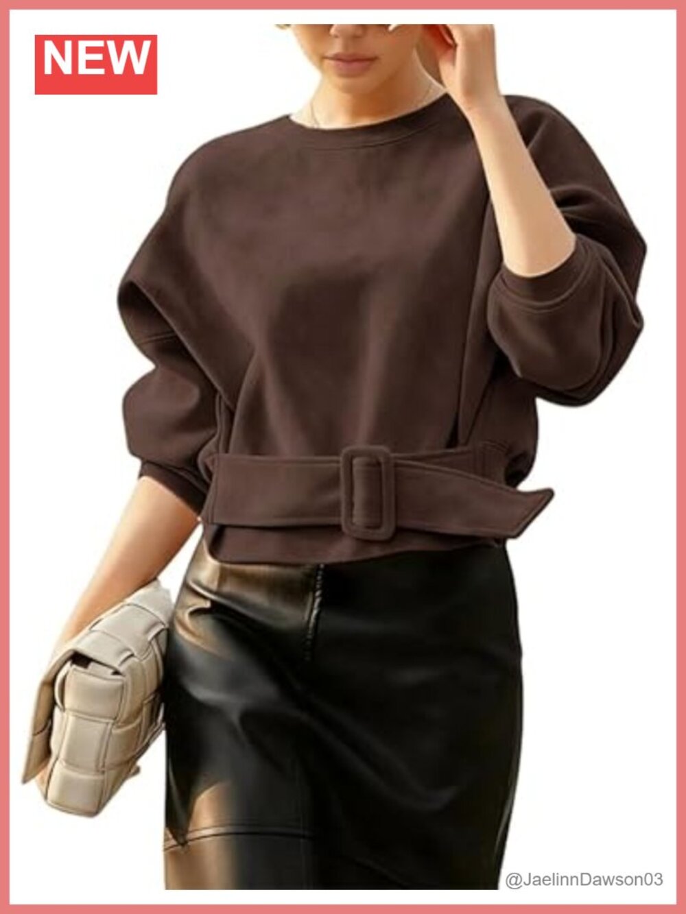 Faux Suede Cropped Top Belted Buckle Long Sleeve Pullover Shirt